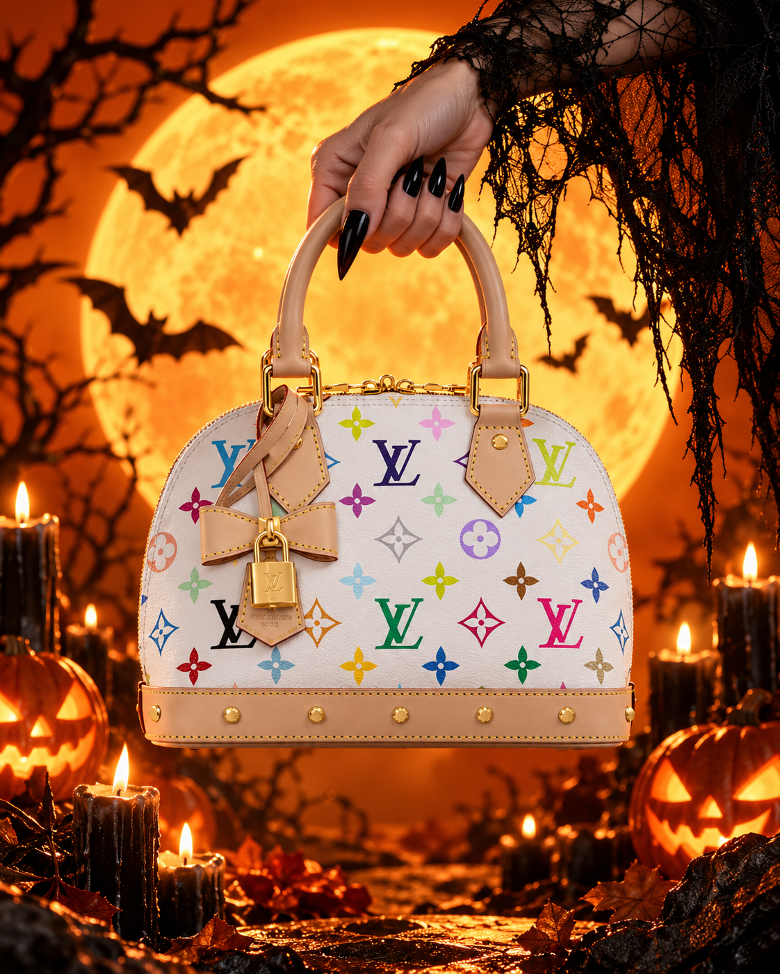 White logo handbag hangs from a witch’s hand before the moon and pumpkins