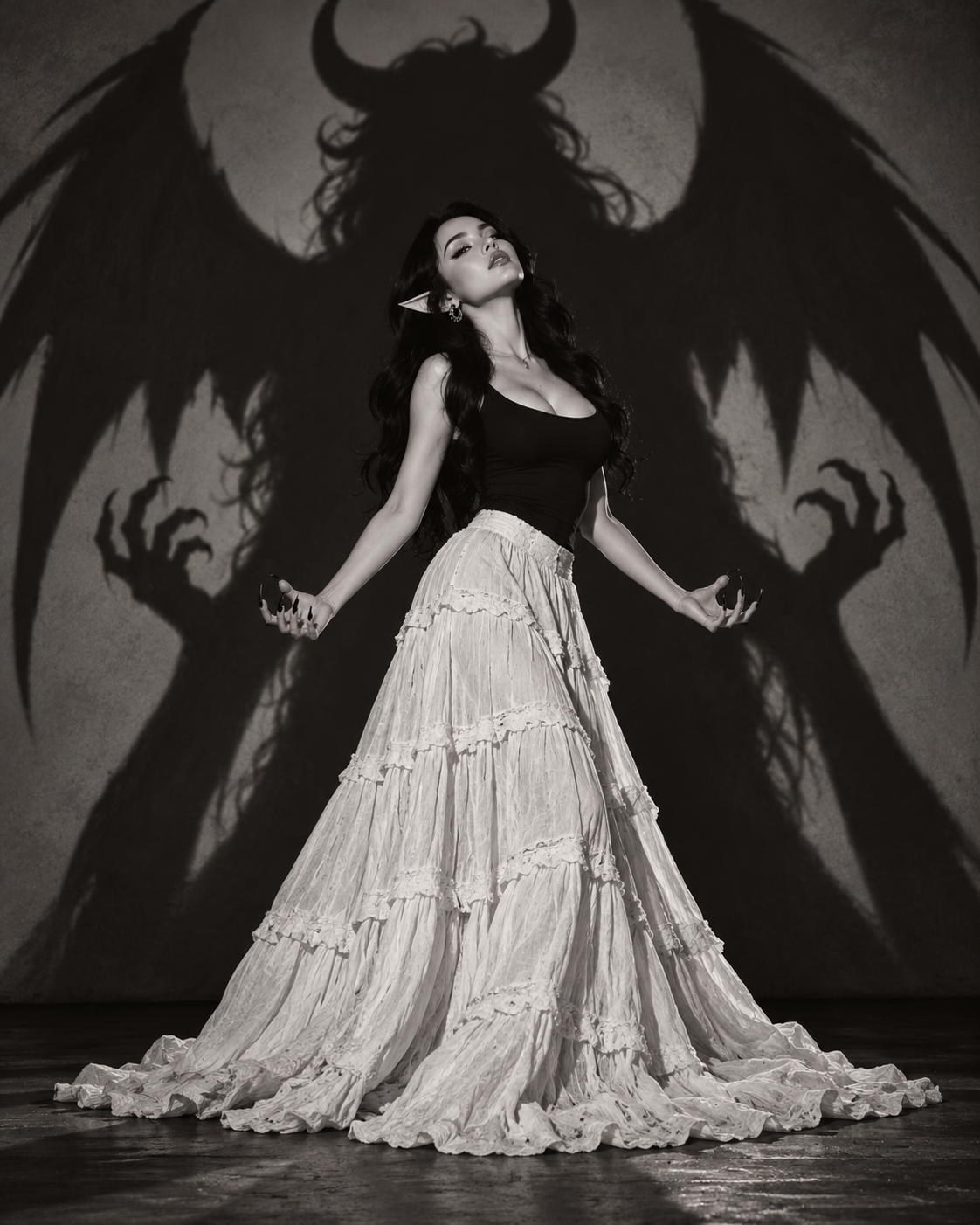 Modella con orecchie da elfo davanti a una gigantesca ombra demoniaca in studio