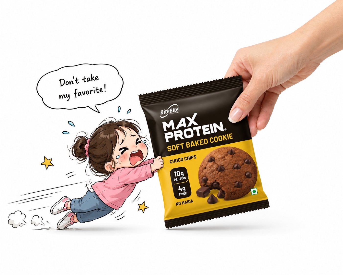 Hand pulling a cookie package as a doodle girl clings to it
