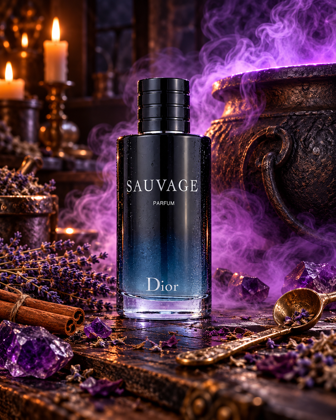 Perfume bottle on a wooden table beside a cauldron