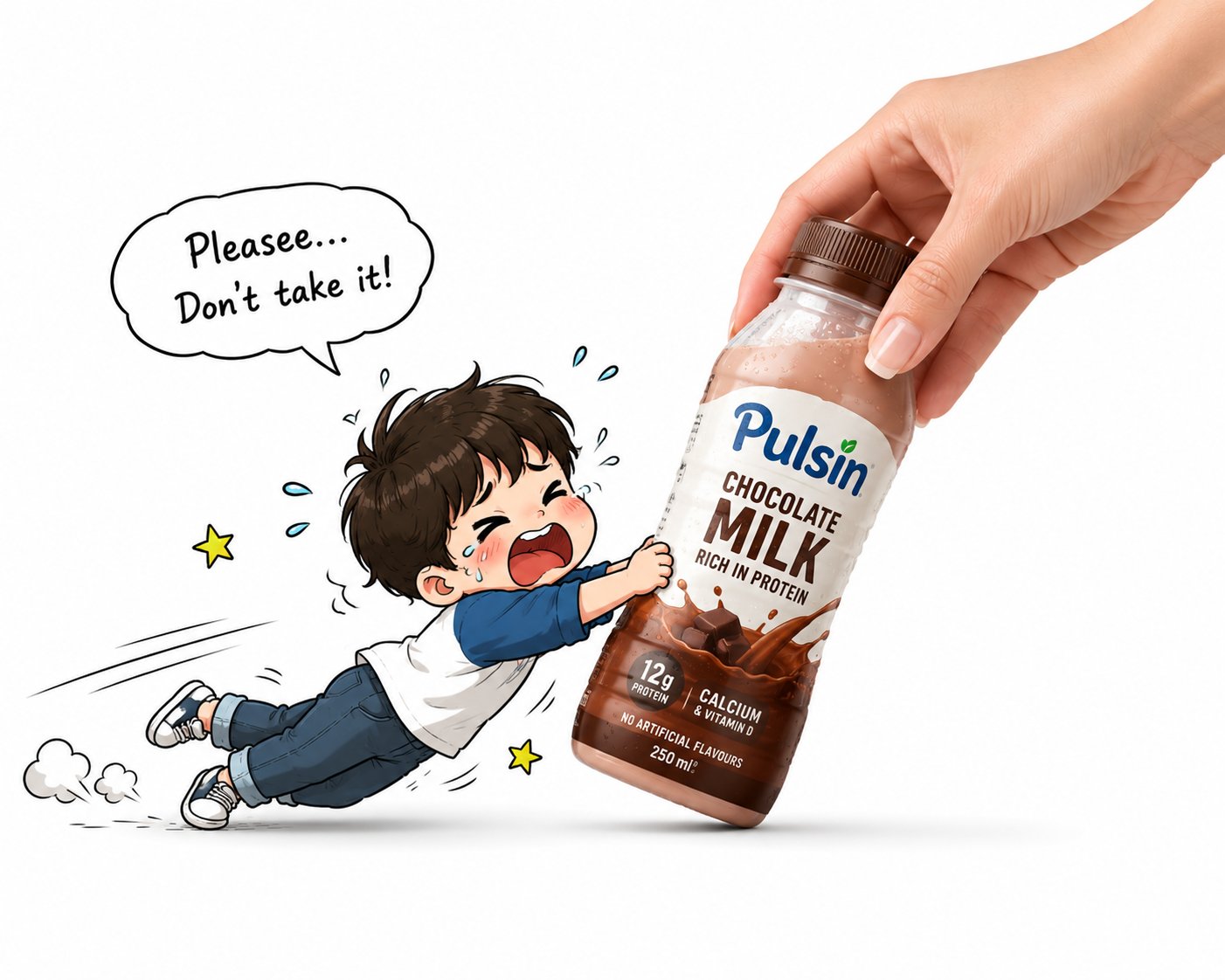 Hand pulling a cookie package as a doodle girl clings to it