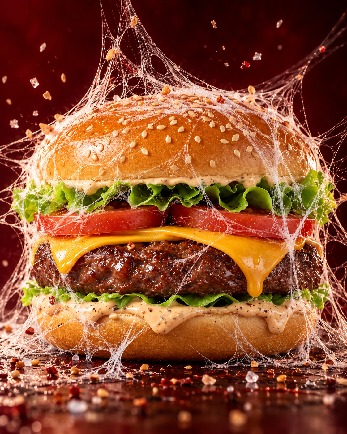 Layered burger with cheese and vegetables wrapped in spun-sugar strands