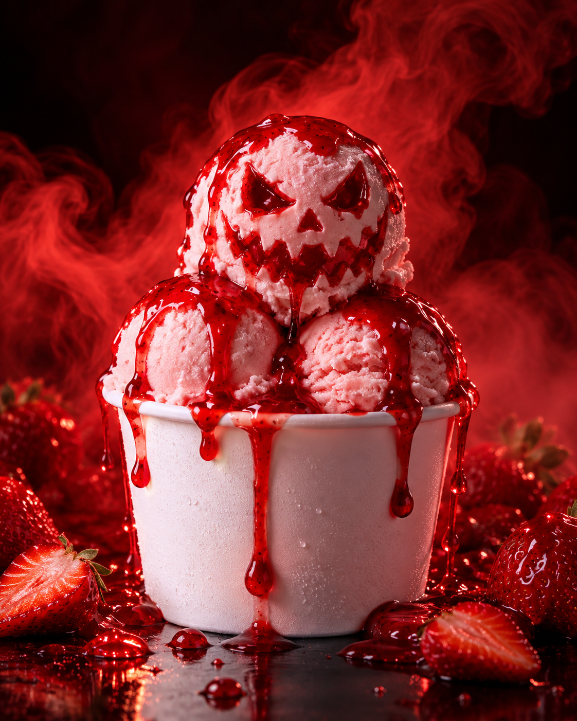 Strawberry ice cream cup dripping with syrup on a dark table