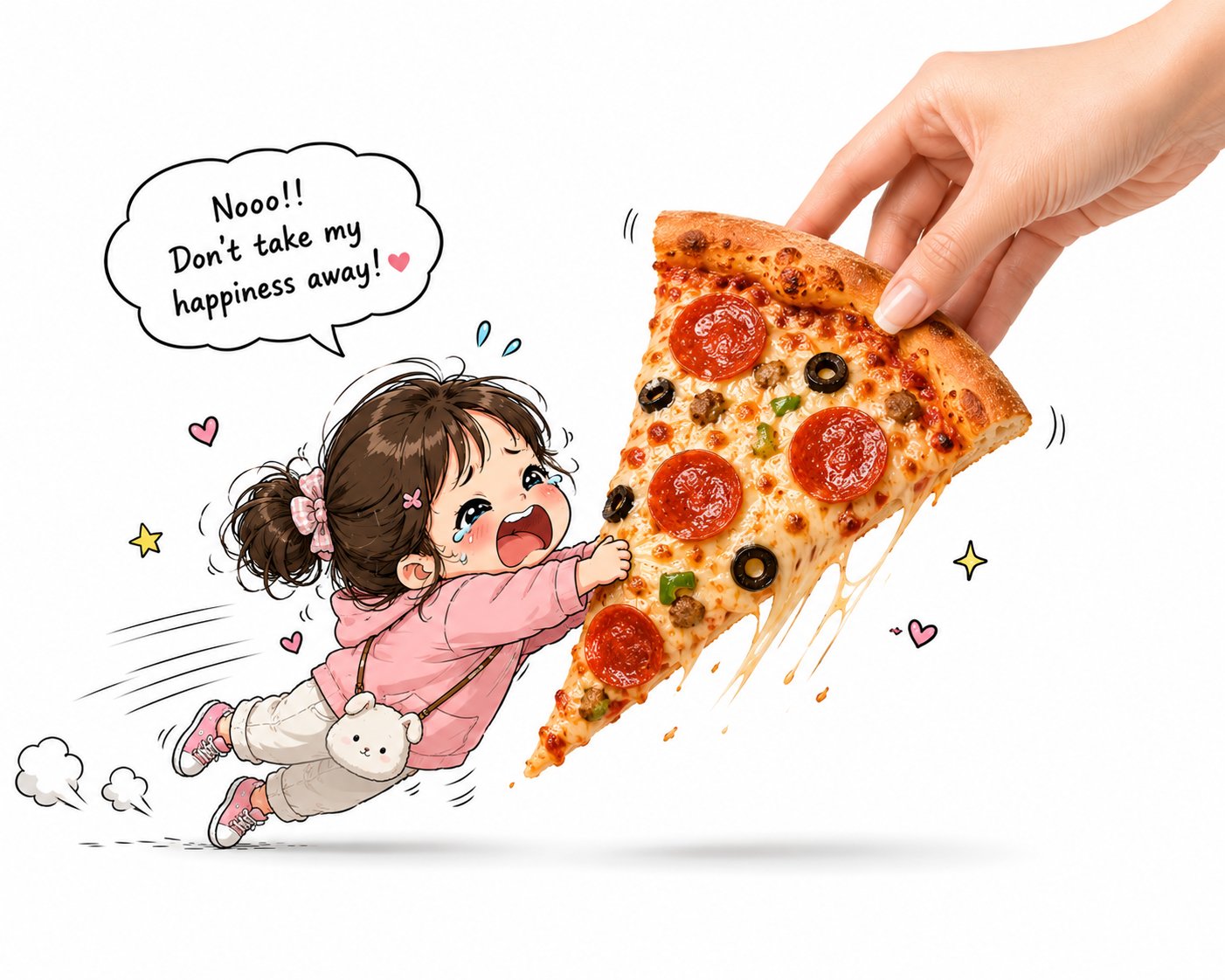 Hand pulling a cookie package as a doodle girl clings to it