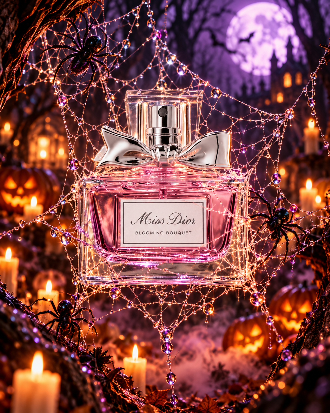 Flacone rosa di Miss Dior sospeso in una ragnatela tra le candele