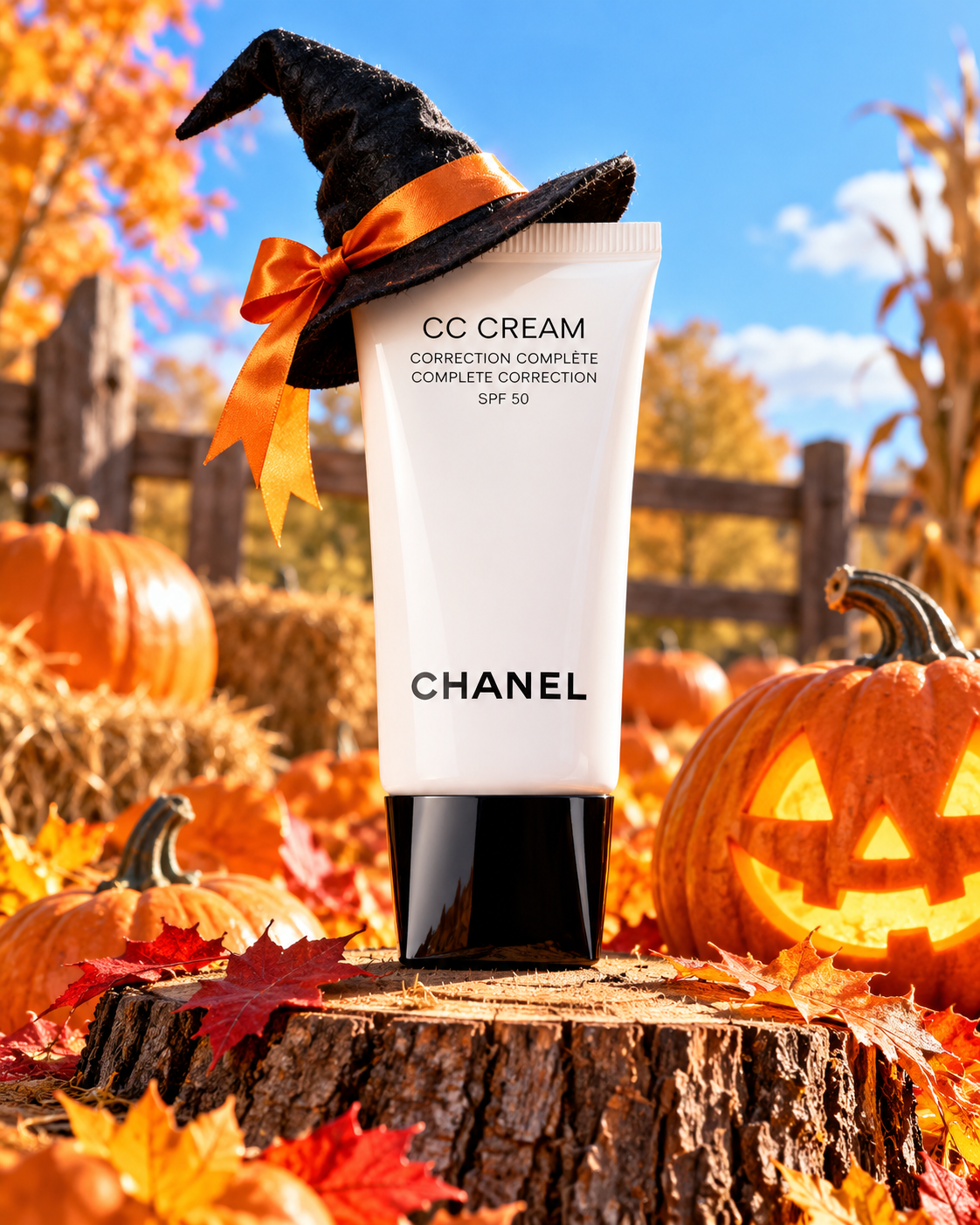 CC Cream tube in a witch hat among pumpkins on a stump