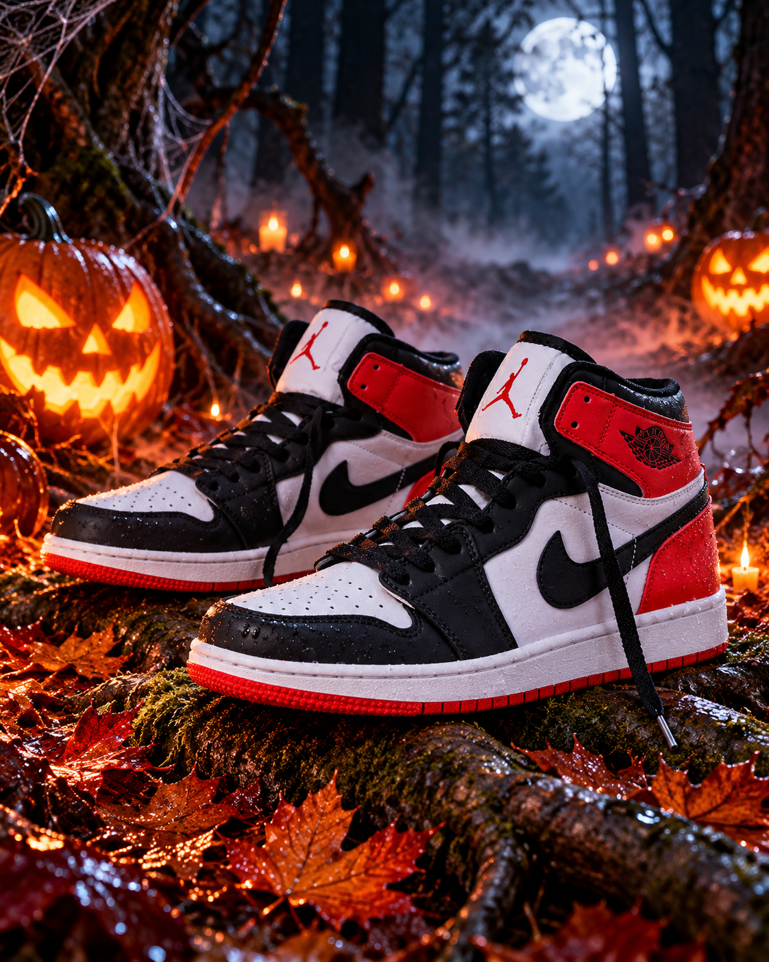 Sneaker su una radice del bosco tra zucche e foglie bagnate