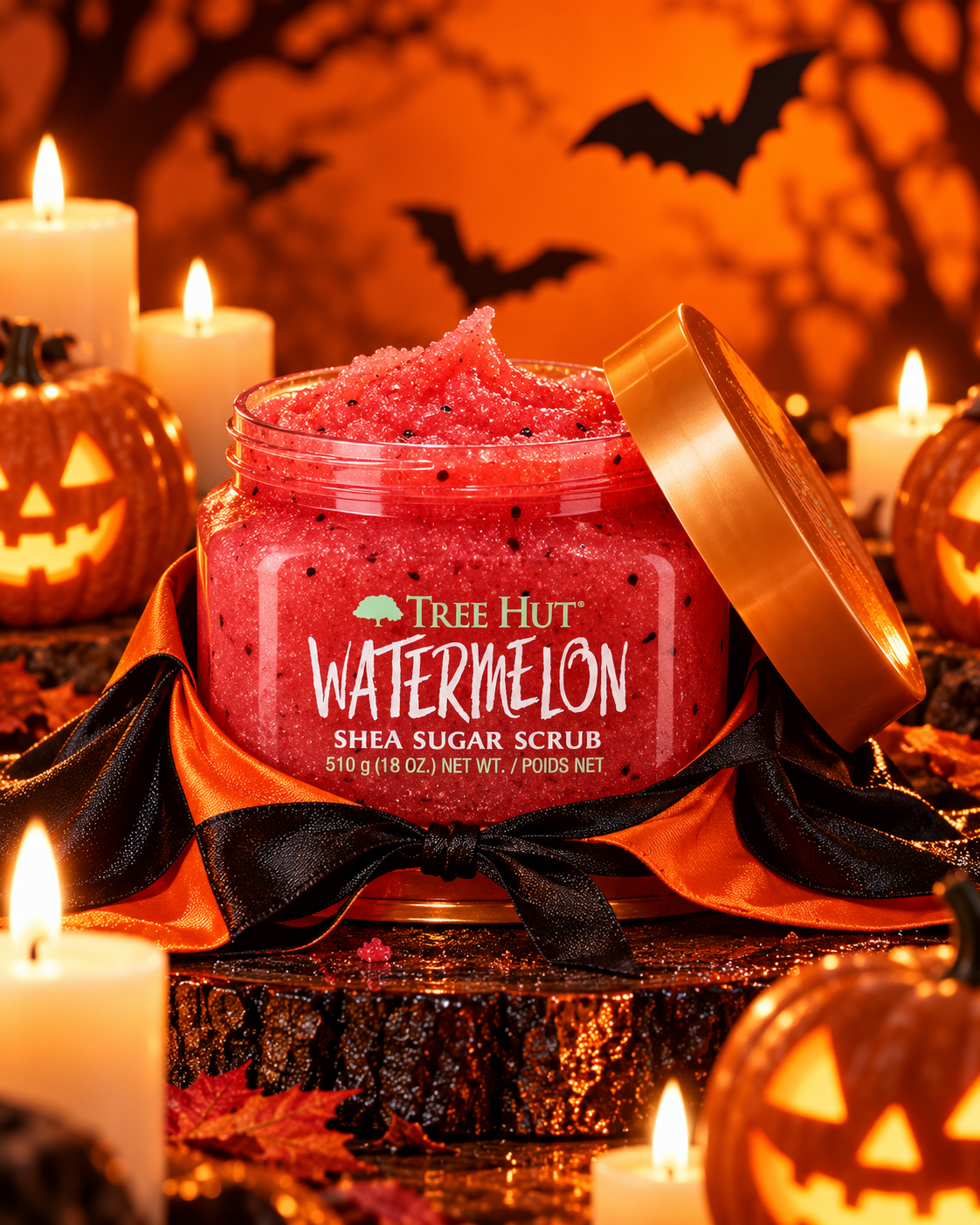Tree Hut Watermelon scrub jar with a cape among pumpkins and candles