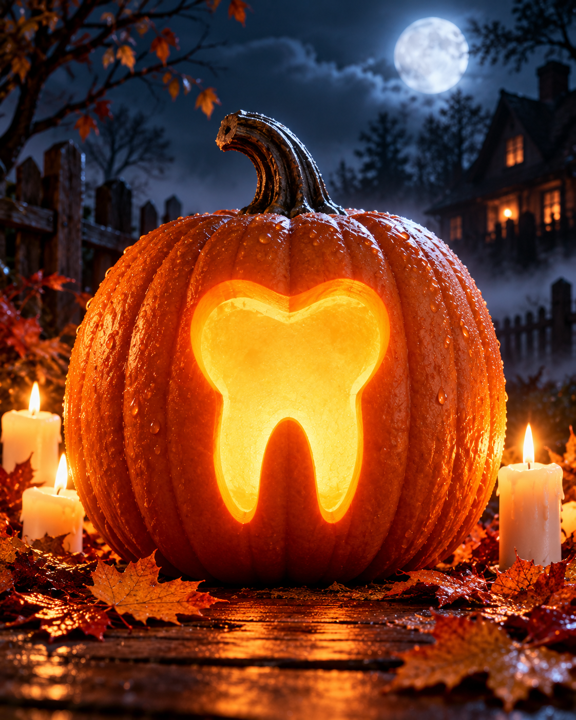 Zucca luminosa a forma di dente tra candele sul prato notturno
