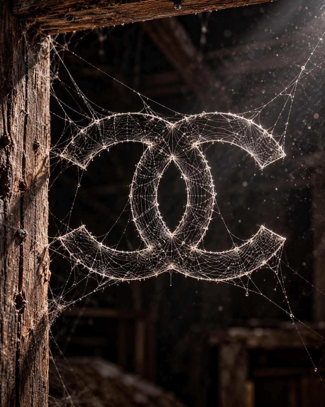 Spiderweb emblem stretched between wooden beams in a dark attic