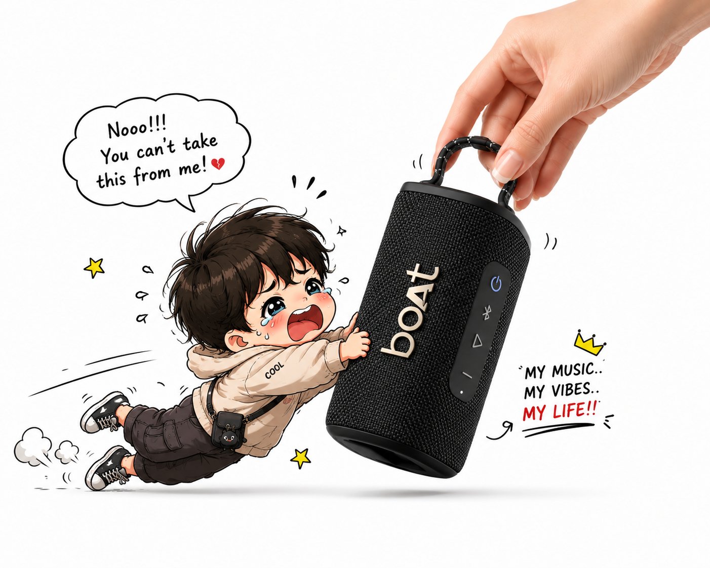 Hand pulling a cookie package as a doodle girl clings to it