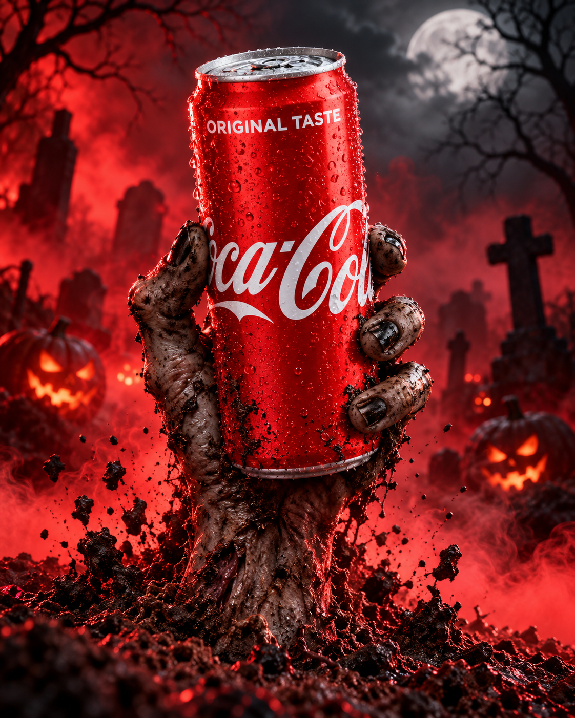 Coca-Cola can held by a zombie hand among graves and pumpkins