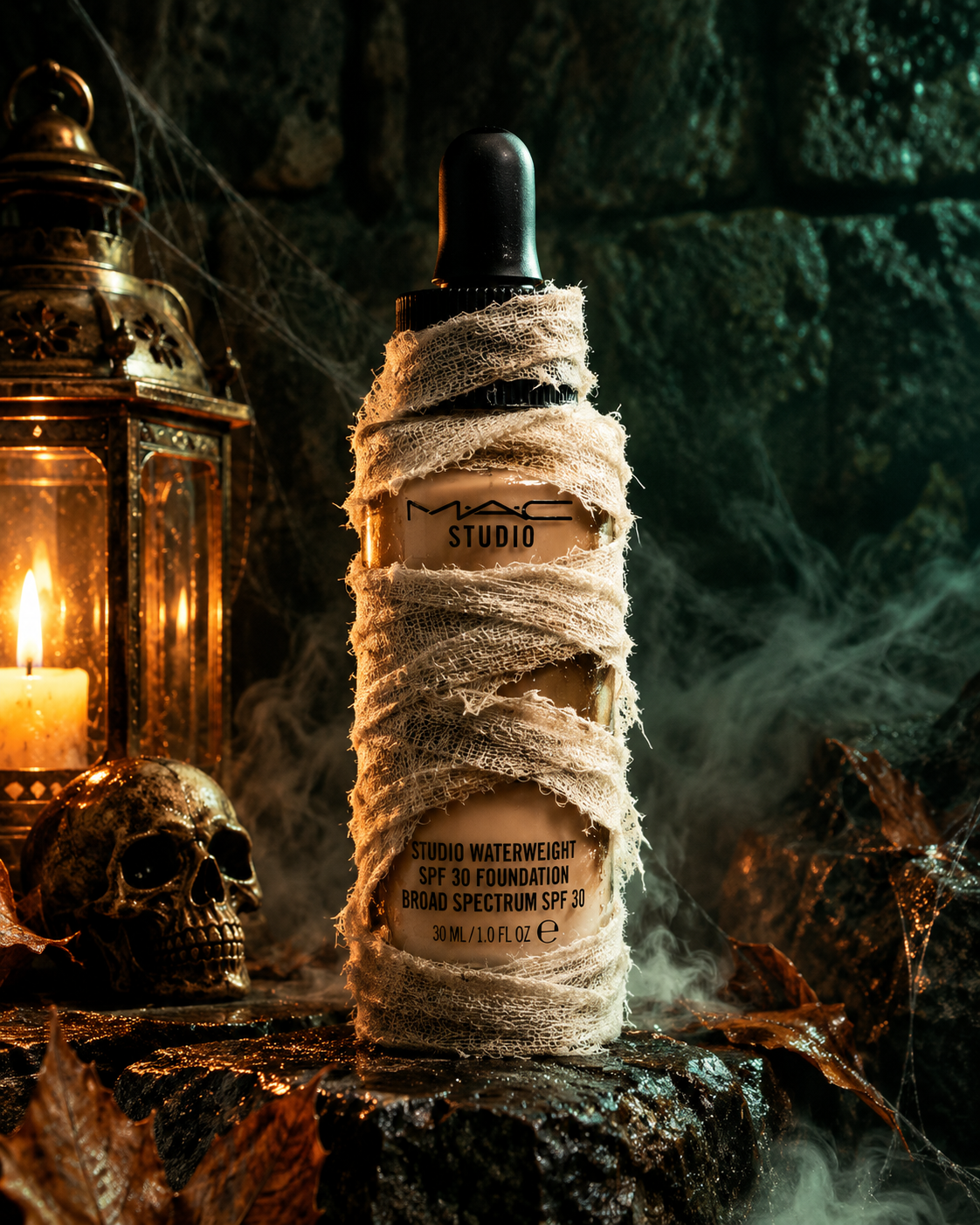 Gauze-wrapped bottle standing on a stone pedestal