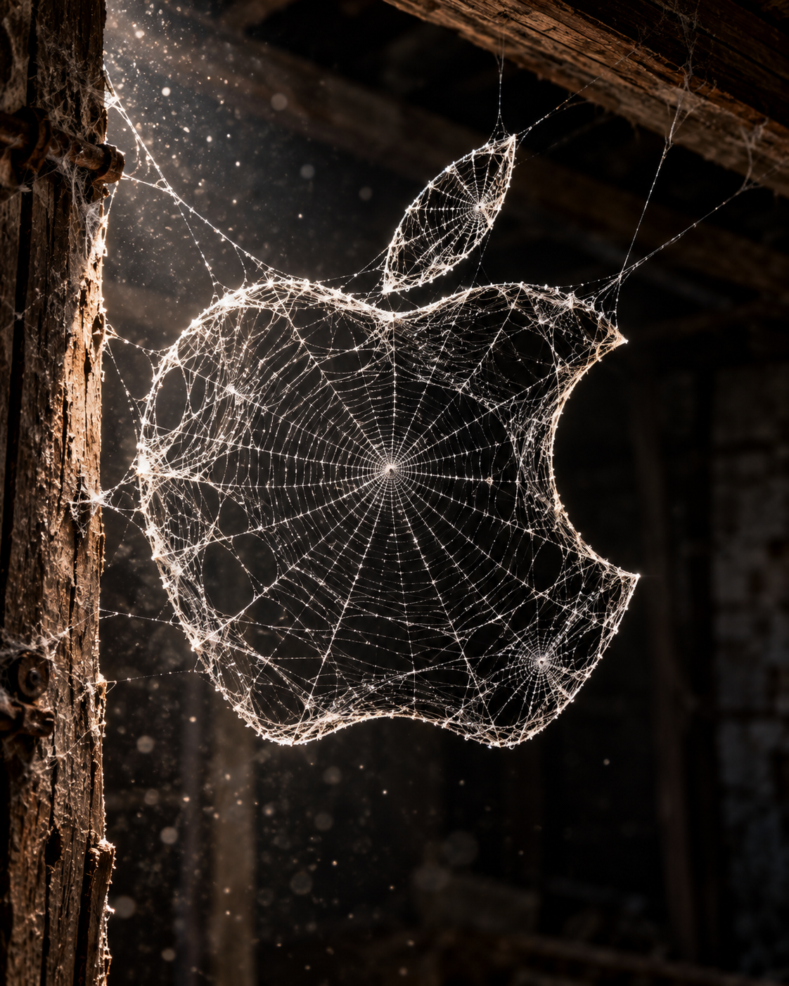 Spiderweb emblem stretched between wooden beams in a dark attic