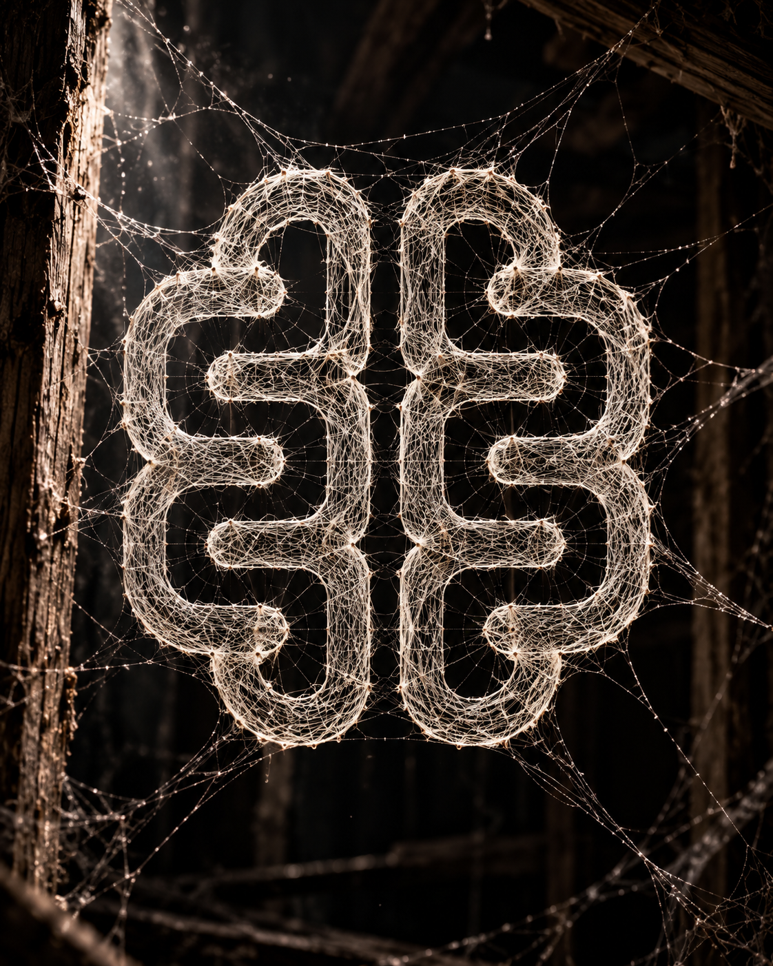 Spiderweb emblem stretched between wooden beams in a dark attic